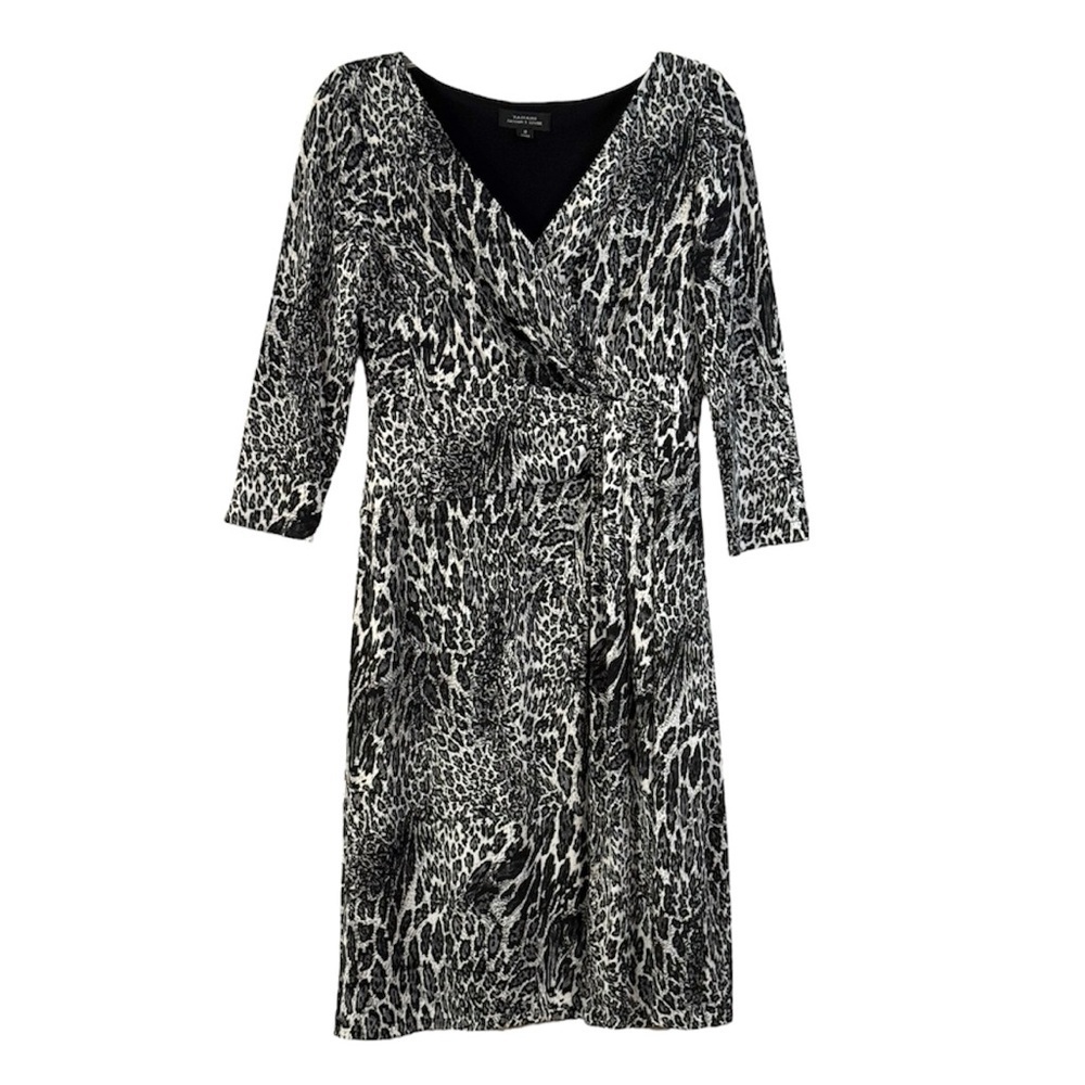 Tahari Arthur S. Levine Animal Leopard Print‎ Faux Wrap Dress Black White Size 6